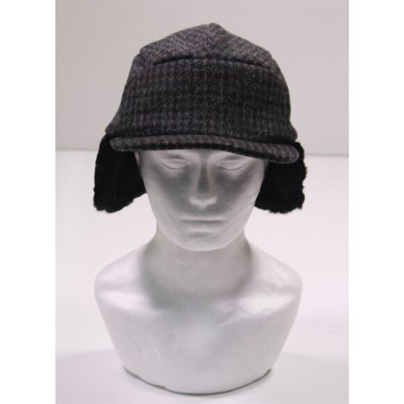 Mistral Made in France Gray Check Wool Hat w/ Fur Ear Flaps 59 cm - 7 3/8 New! - Picture 3 of 10